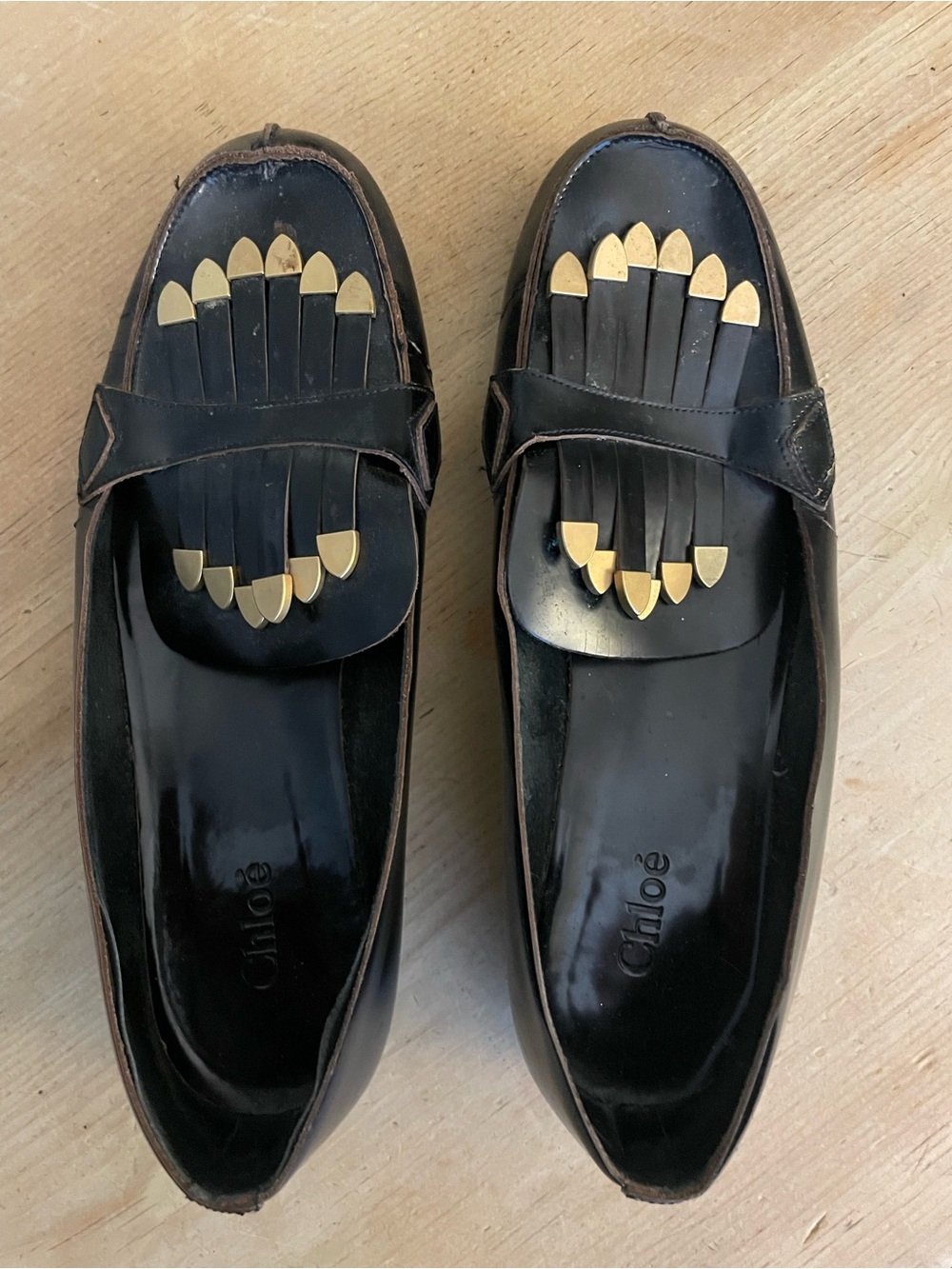 Vintage Chloé Black brass kilte Leather Fringe Loafers